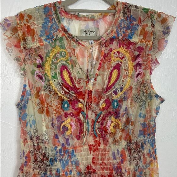 Johnny Was Biya Boho Mazzy Tie Multicolor Embroidered Long Dress Size L - Picture 4 of 11